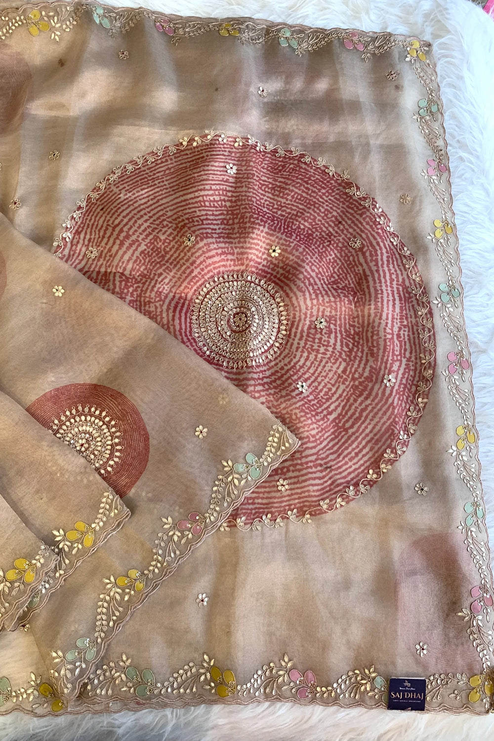 Gota Patti Organza Saree with Tie Dye Effect (beige+Pink) 5838 01