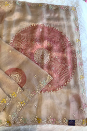 Gota Patti Organza Saree Tie Dye Effect Beige 5838 01