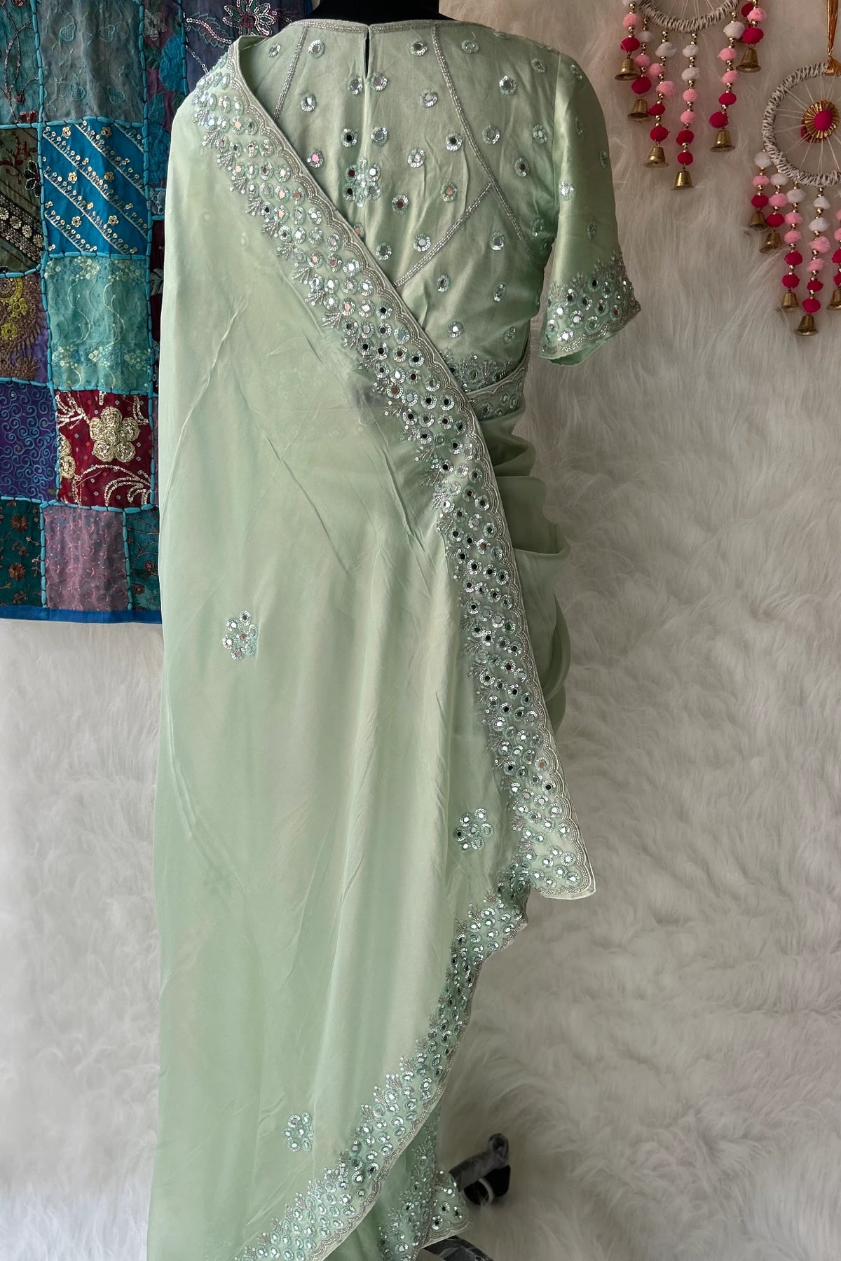 Sea Green mirror work Saree with stitched blouse 4496-06