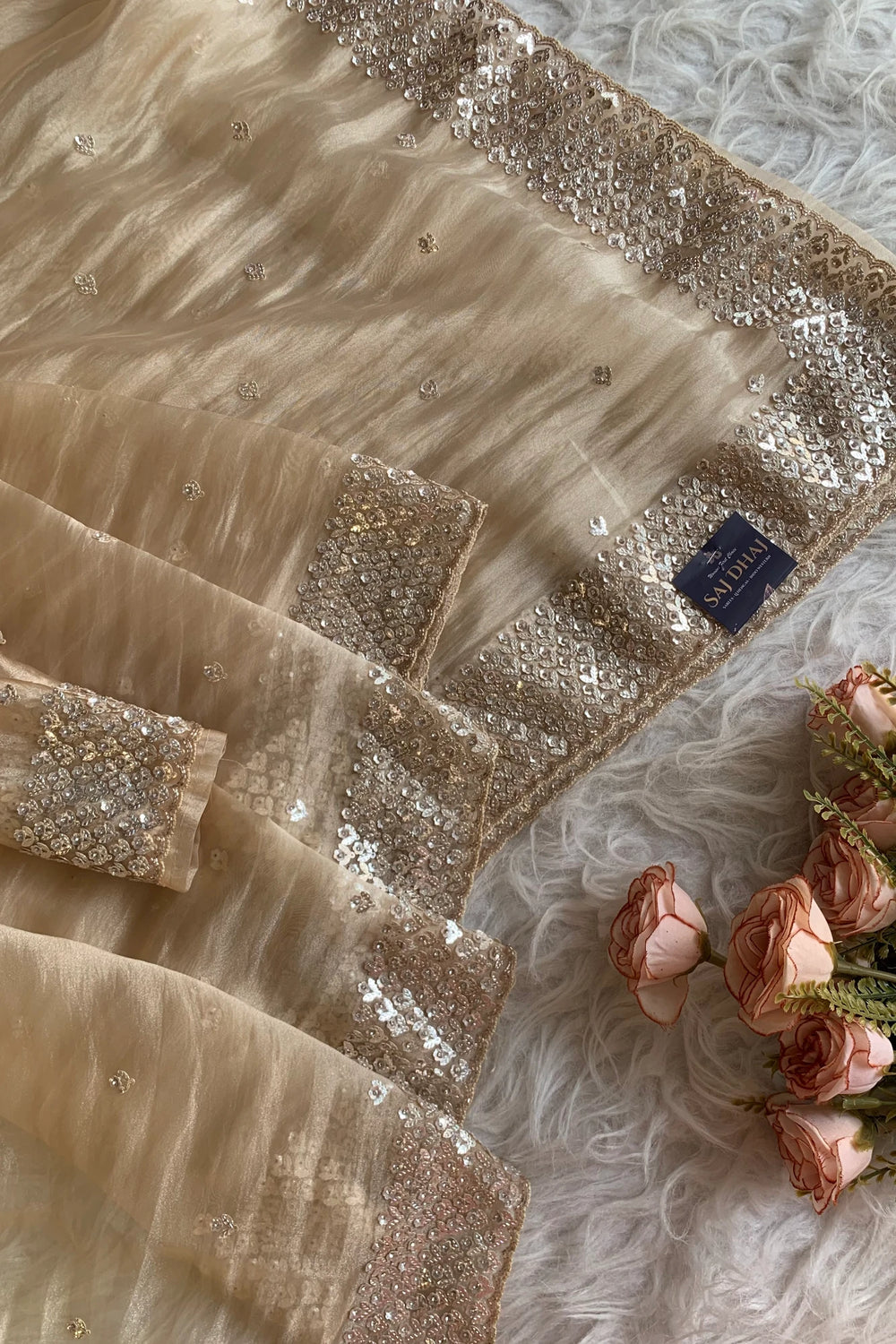 Champagne Gold Embellished Butter Organza Saree 5847 01