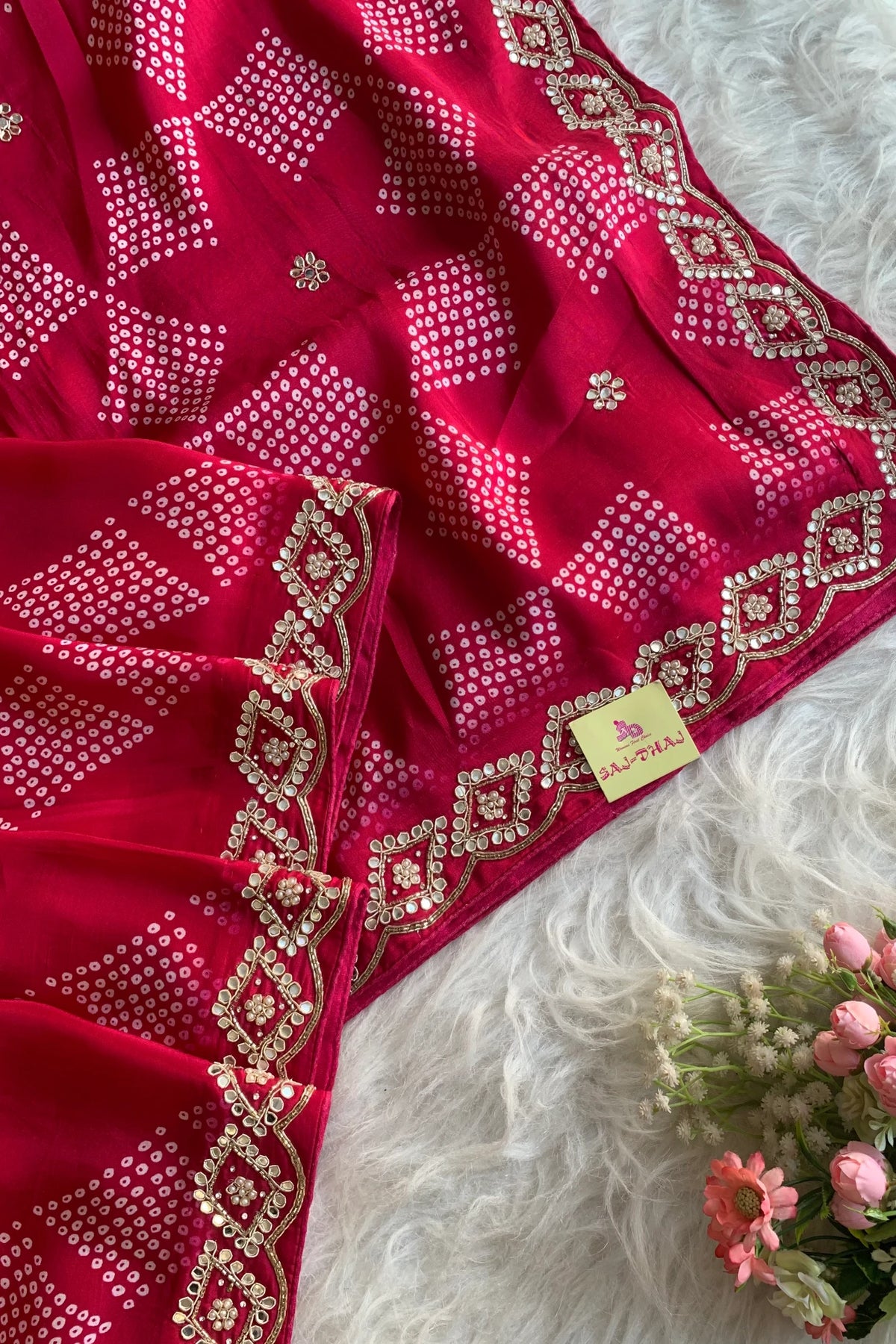 Rani Pink Printed Bandhej Russian Silk Saree 5308 07