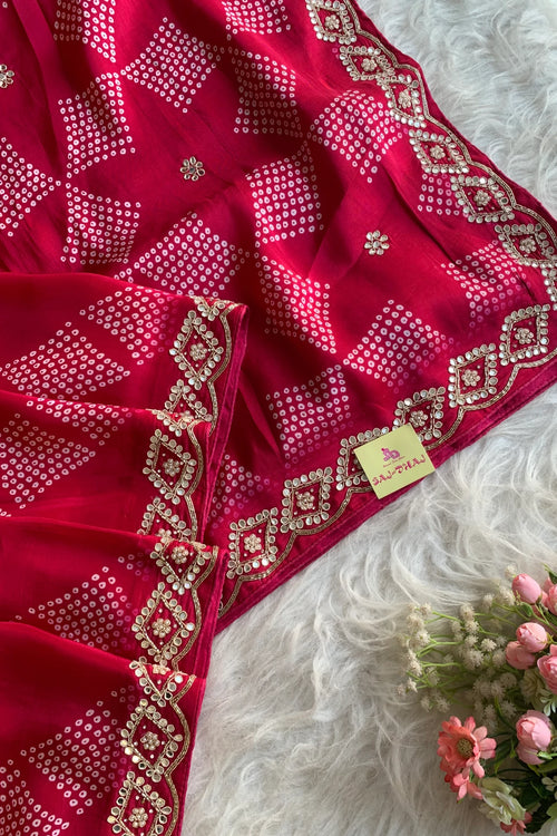 Rani Pink Printed Bandhej Russian Silk Saree 5308 07