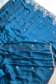 Peacock Blue Embroidered Habutai Silk Saree 5535 09