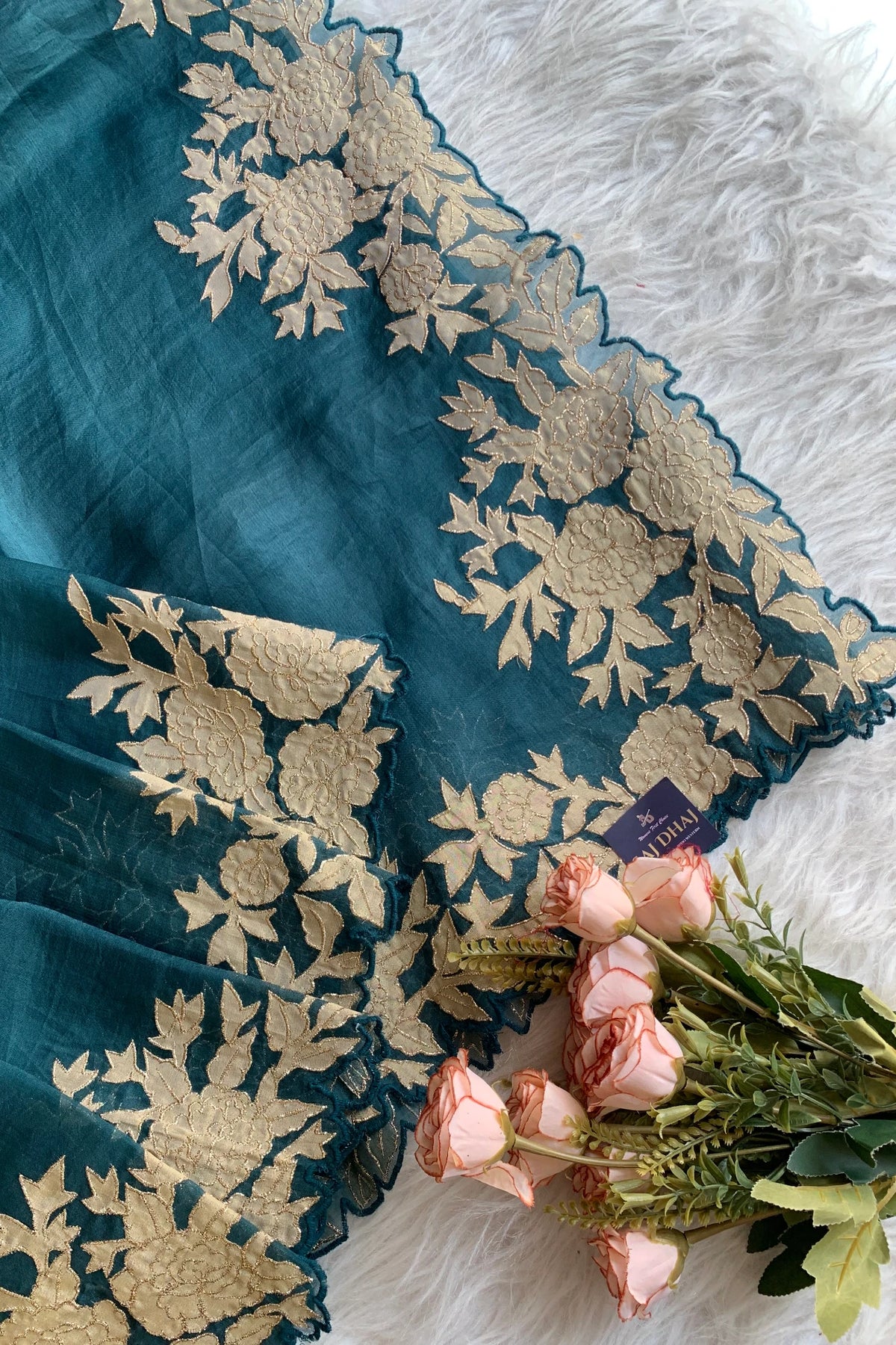 Peacock Blue Kora Silk Saree with Applique Border Work 5818 03