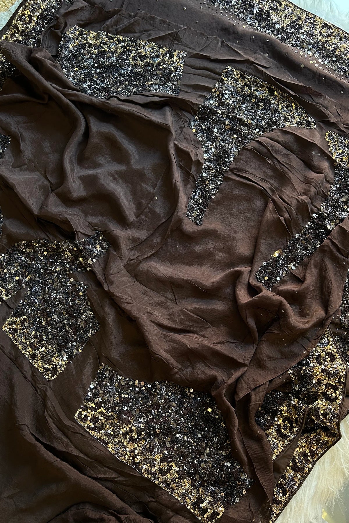 Dark Brown Chinnon Georgette Saree 5759 09
