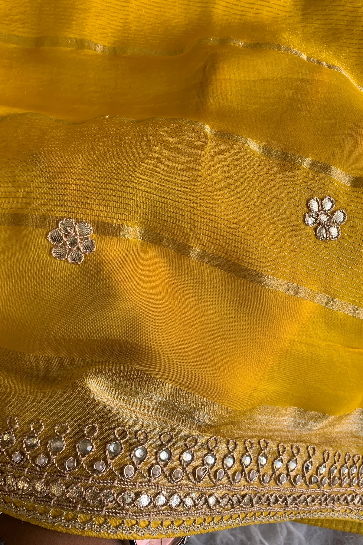Yellow Banarasi Silk Saree with Green Ajrakh Blouse 5272 09
