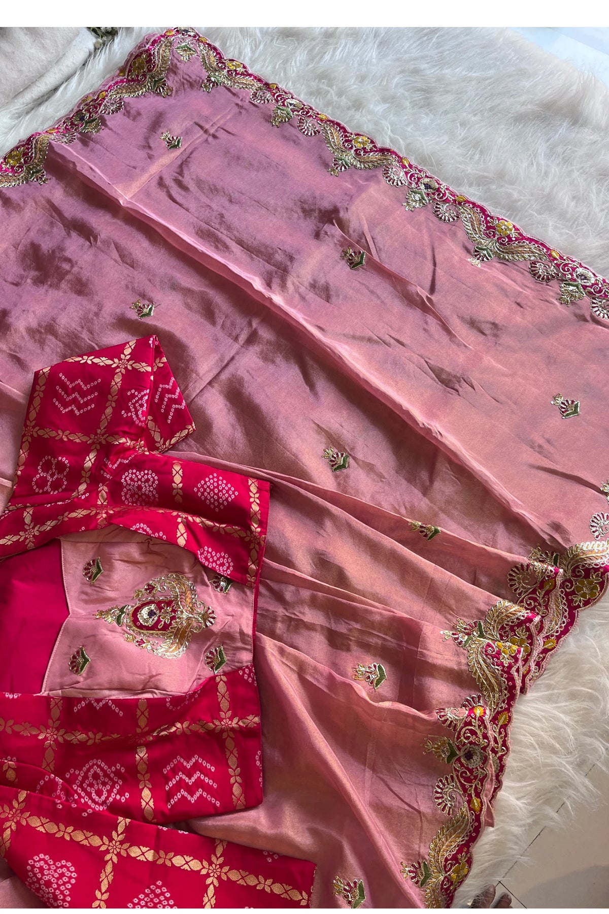 Blush Pink Tissue Saree with Bandhej Border Work 5772 12