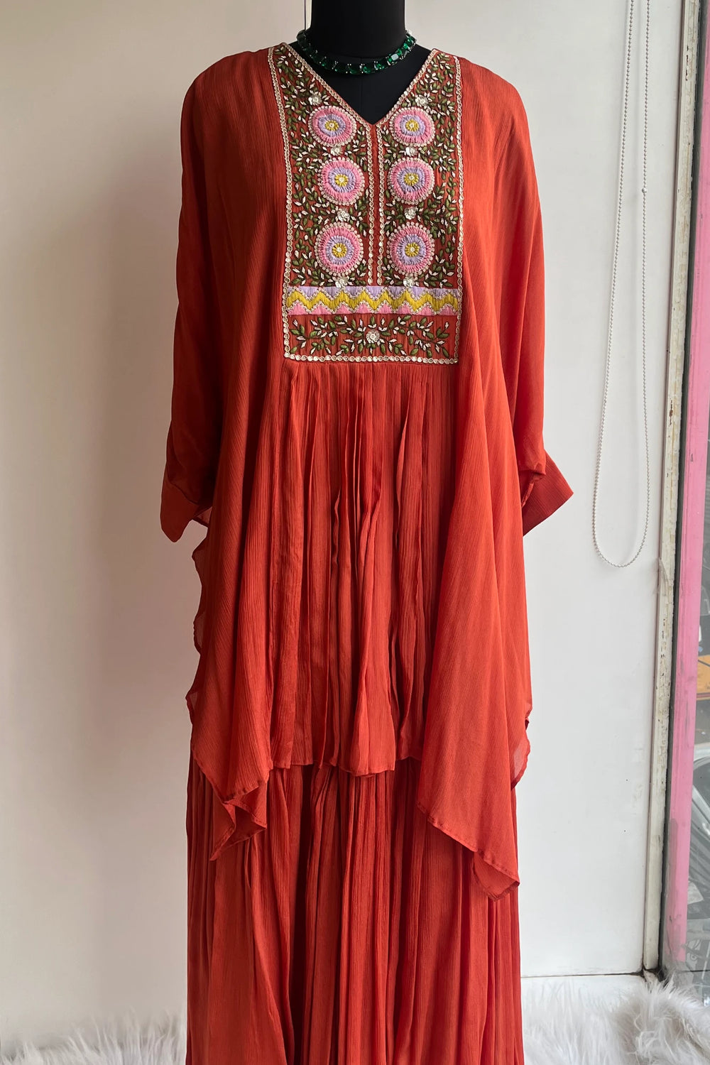 Rust Orange Kaftan with Thread & Zardosi Work – Sharara Set 5384 03