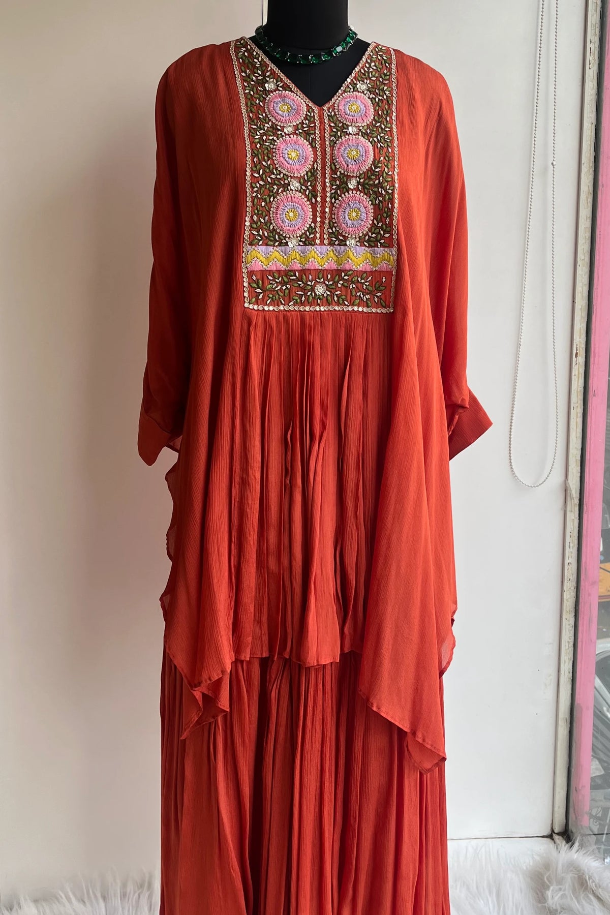 Rust Orange Kaftan with Thread & Zardosi Work – Sharara Set 5384 03