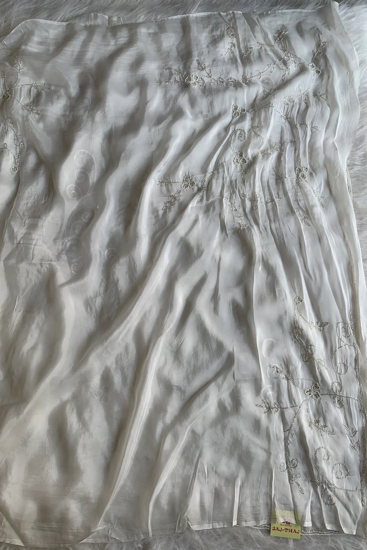 White Embellished Habutai Silk Saree 5365 12