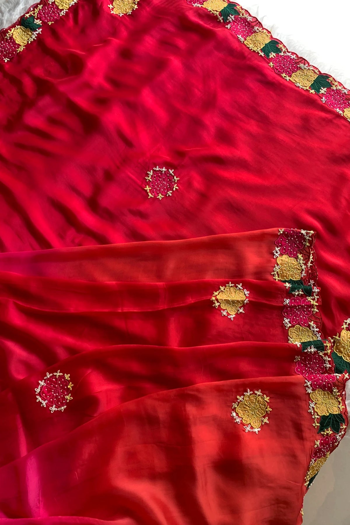 Shaded Red Applique Habutai Silk Saree 5650 13