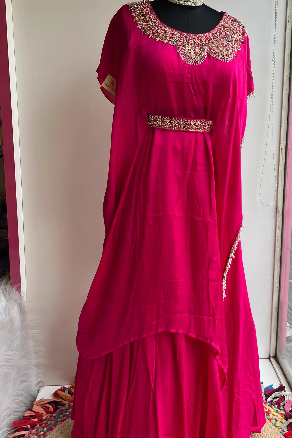 Rani Pink Silk Kaftan with Zardosi Work & Lehenga Set 5397 04