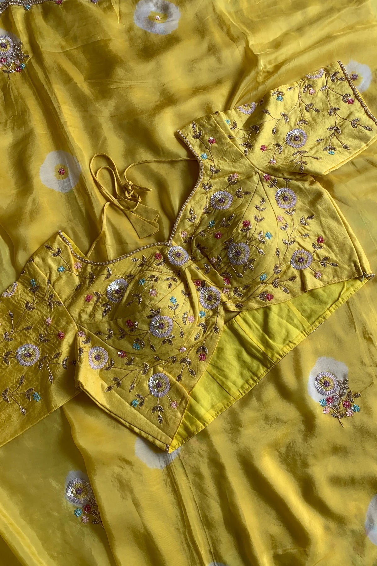 Lemon Yellow Habutai Silk Saree Tie&Dye Design 5650 09