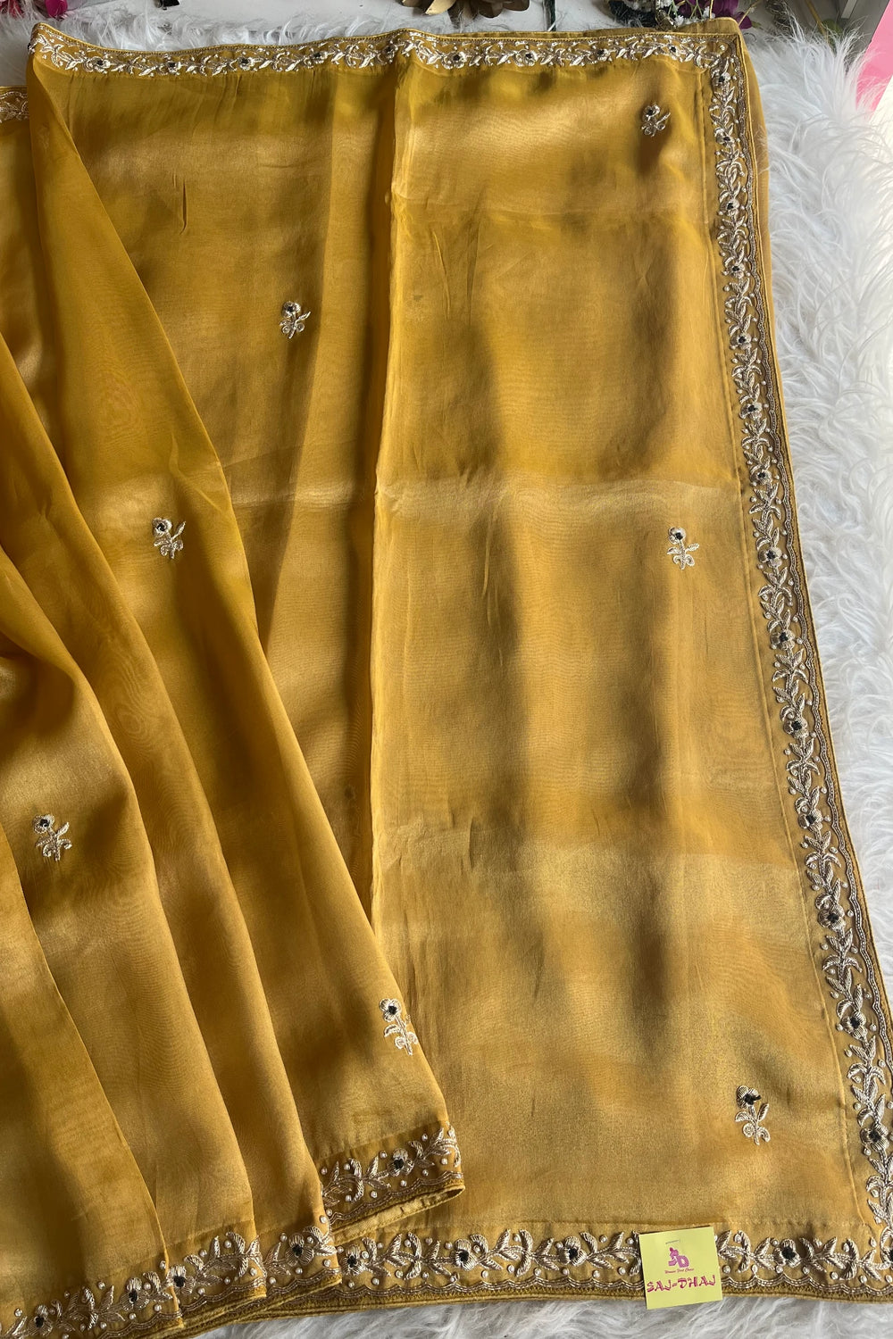 Dull Mustard Yellow Tissue Saree with Zardosi Border & Green Blouse 5525 09