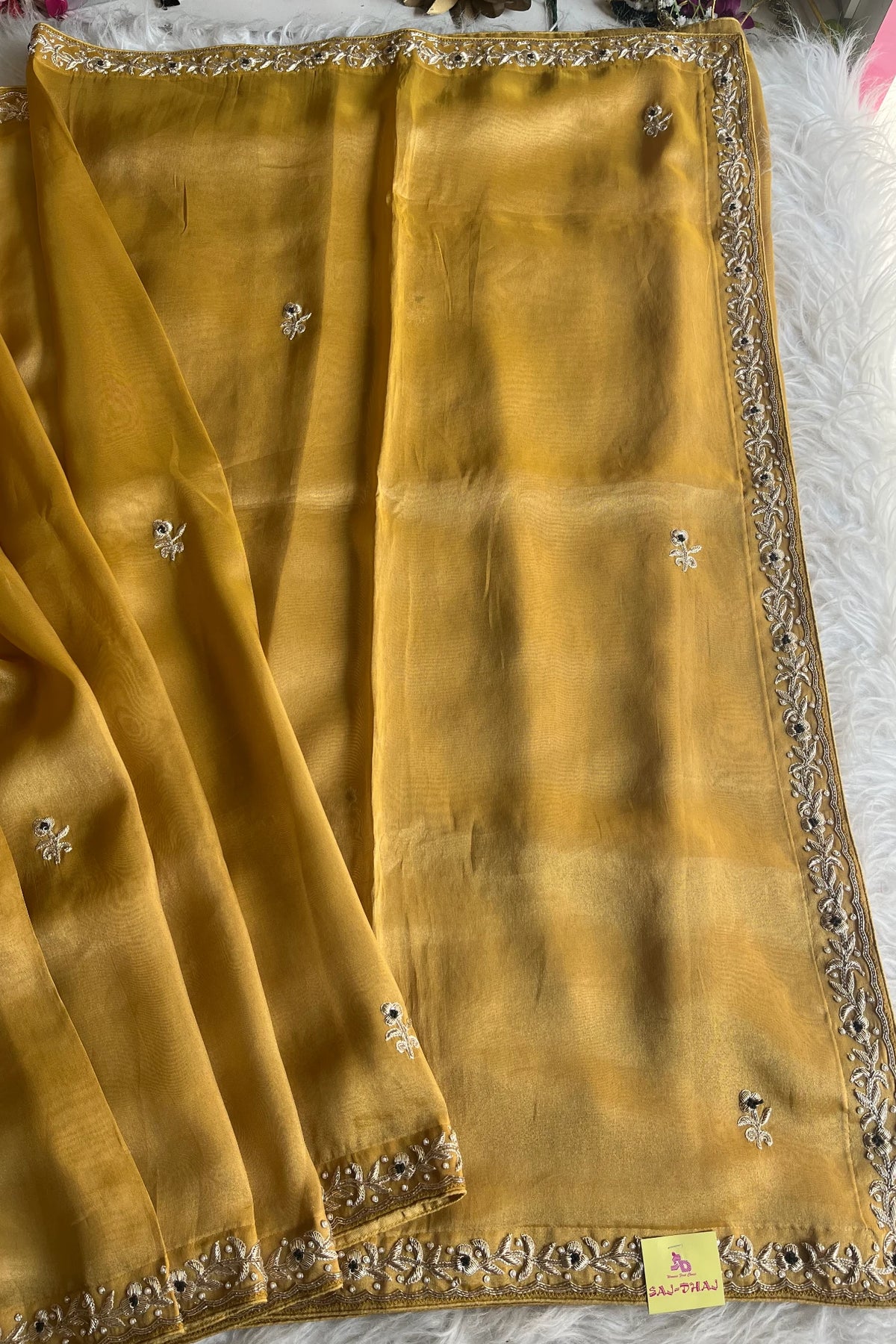 Dull Mustard Yellow Tissue Saree with Zardosi Border & Green Blouse 5525 09