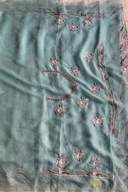 Sea Blue Embroidered Chinnon Georgette Saree 4894 01