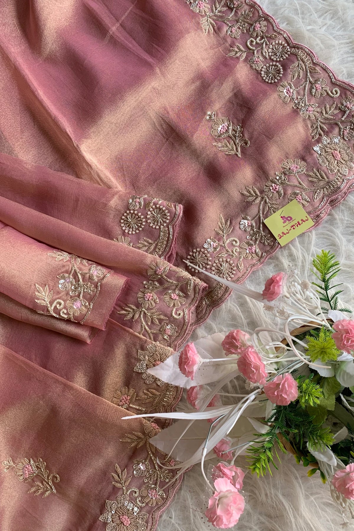 Onion Pink Embellished Tissue Saree 5664 05