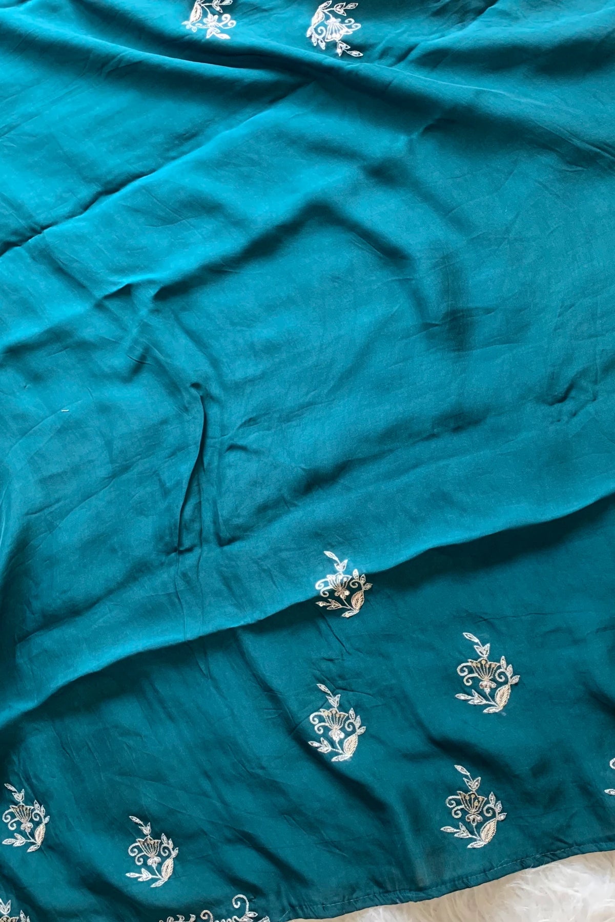 Teal Kora Silk Saree with Zardosi & Aari Work 5831 02