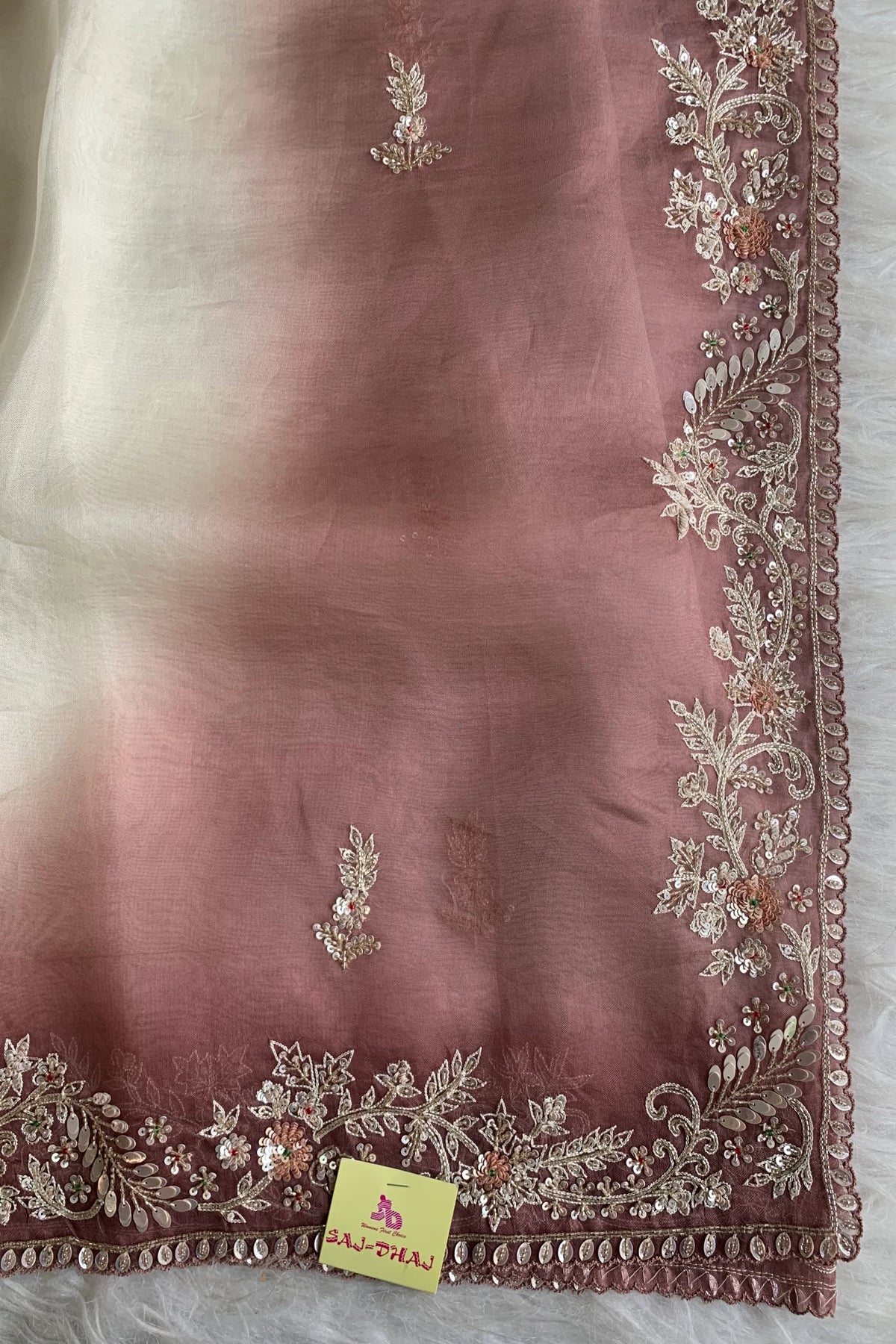 White & Brown Designer Organza Saree 5659 07