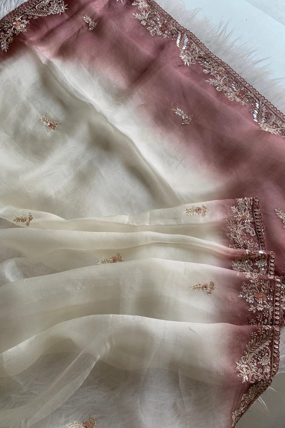 White & Brown Designer Organza Saree 5659 07