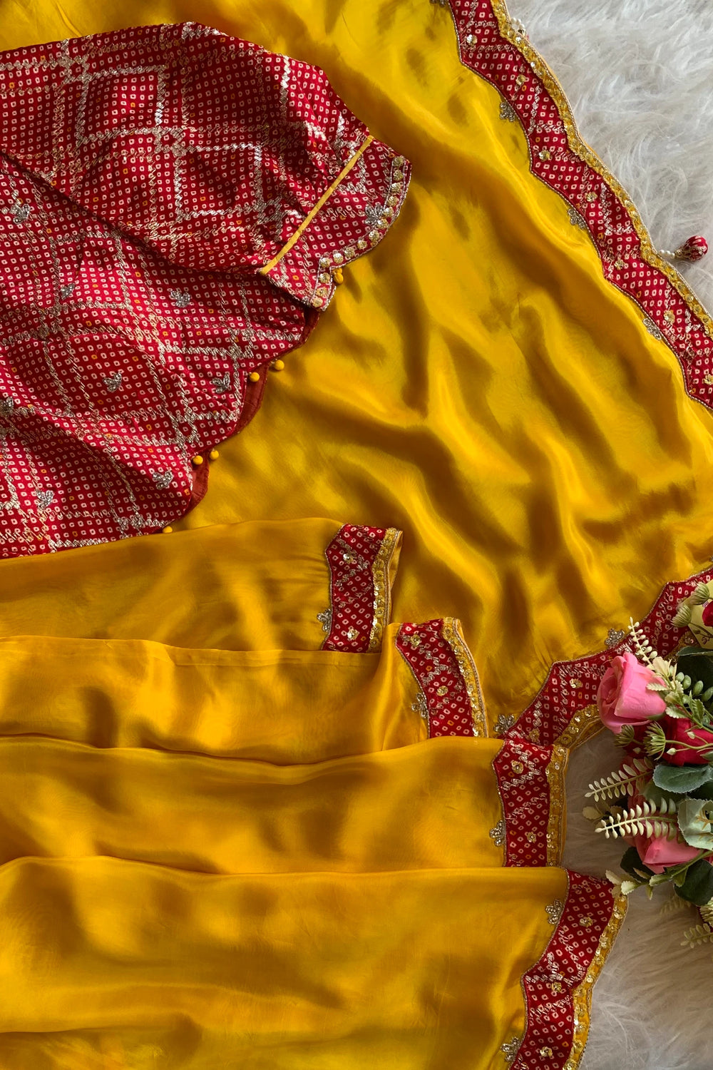 Yellow Habutai Silk Saree with Red Bandhej Border 5254 02