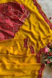 Yellow Habutai Silk Saree with Red Bandhej Border 5254 02