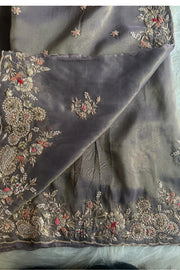 "Grey Zardosi Saree with Heavy Border & Intricate Embroidery"