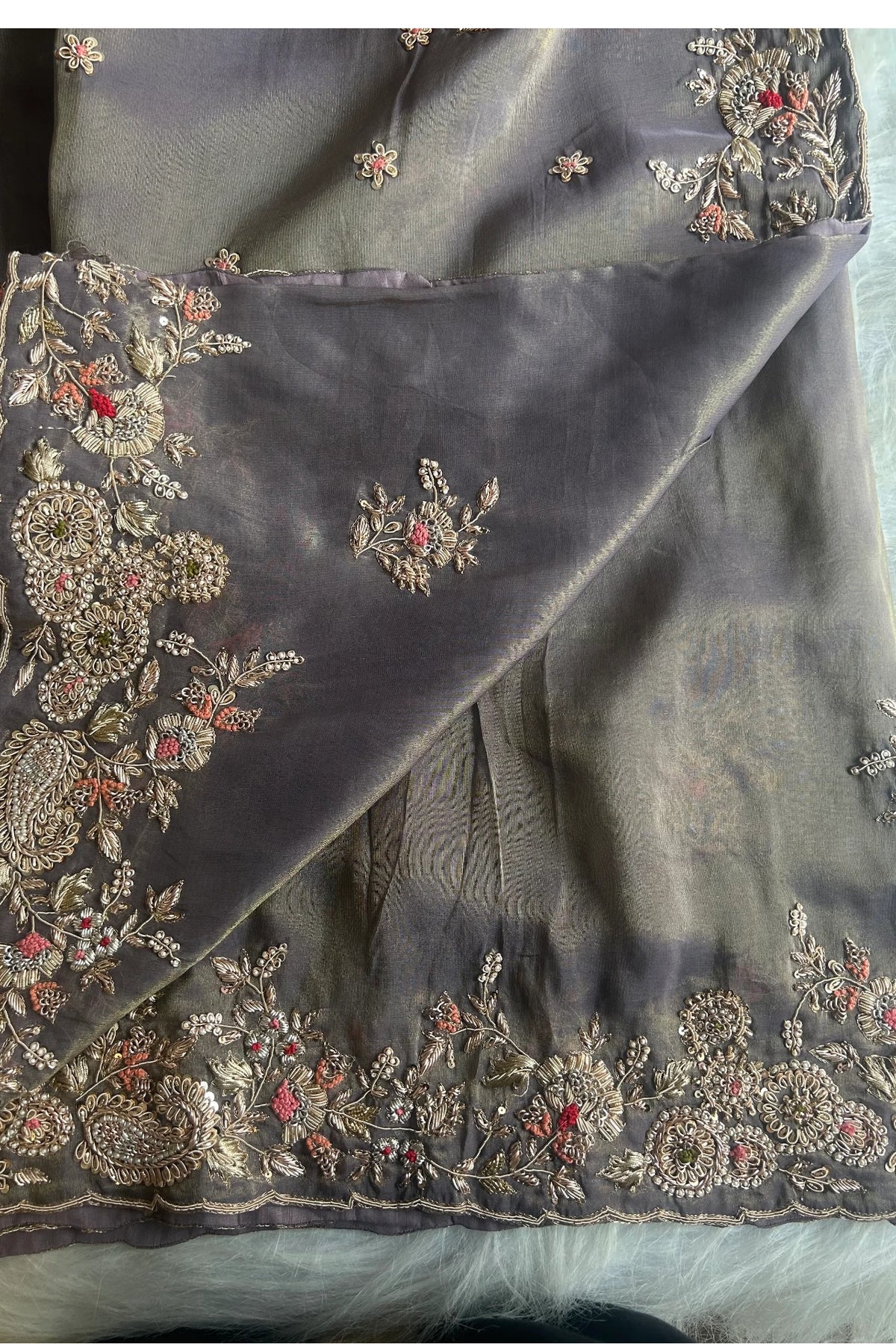 "Grey Zardosi Saree with Heavy Border & Intricate Embroidery"