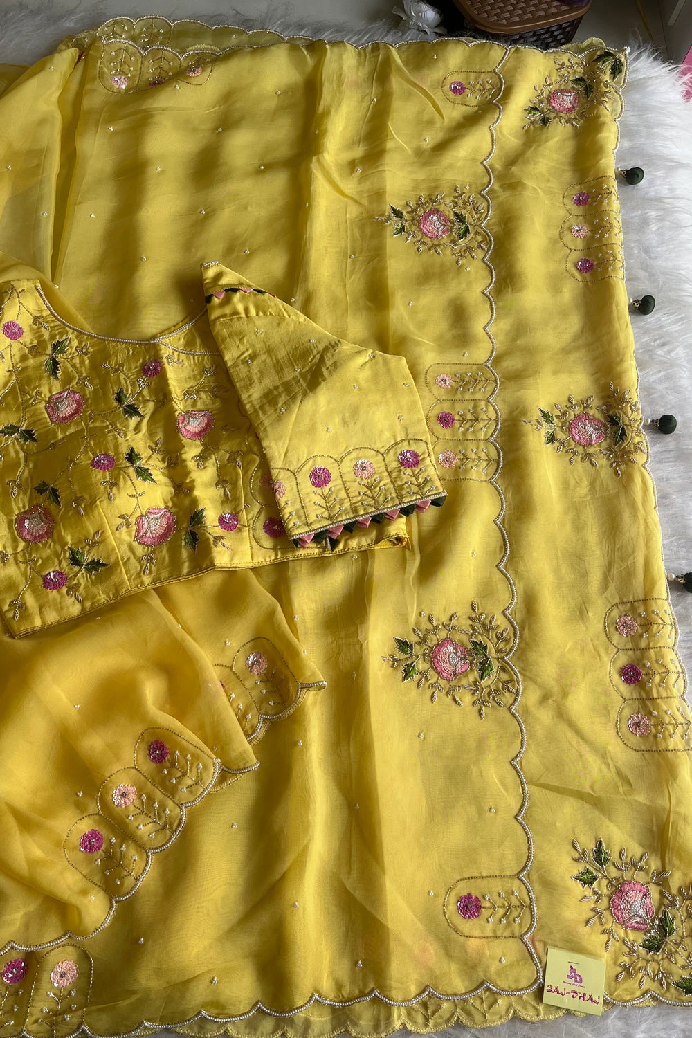 Lemon Organza Saree with Cutdana & Zardosi Work- Pre Stitched Designer Blouse 5359 15