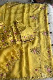 Lemon Organza Saree with Cutdana & Zardosi Work- Pre Stitched Designer Blouse 5359 15 (PRE ORDER)