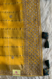 Yellow Banarasi Silk Saree with Green Ajrakh Blouse 5272 09