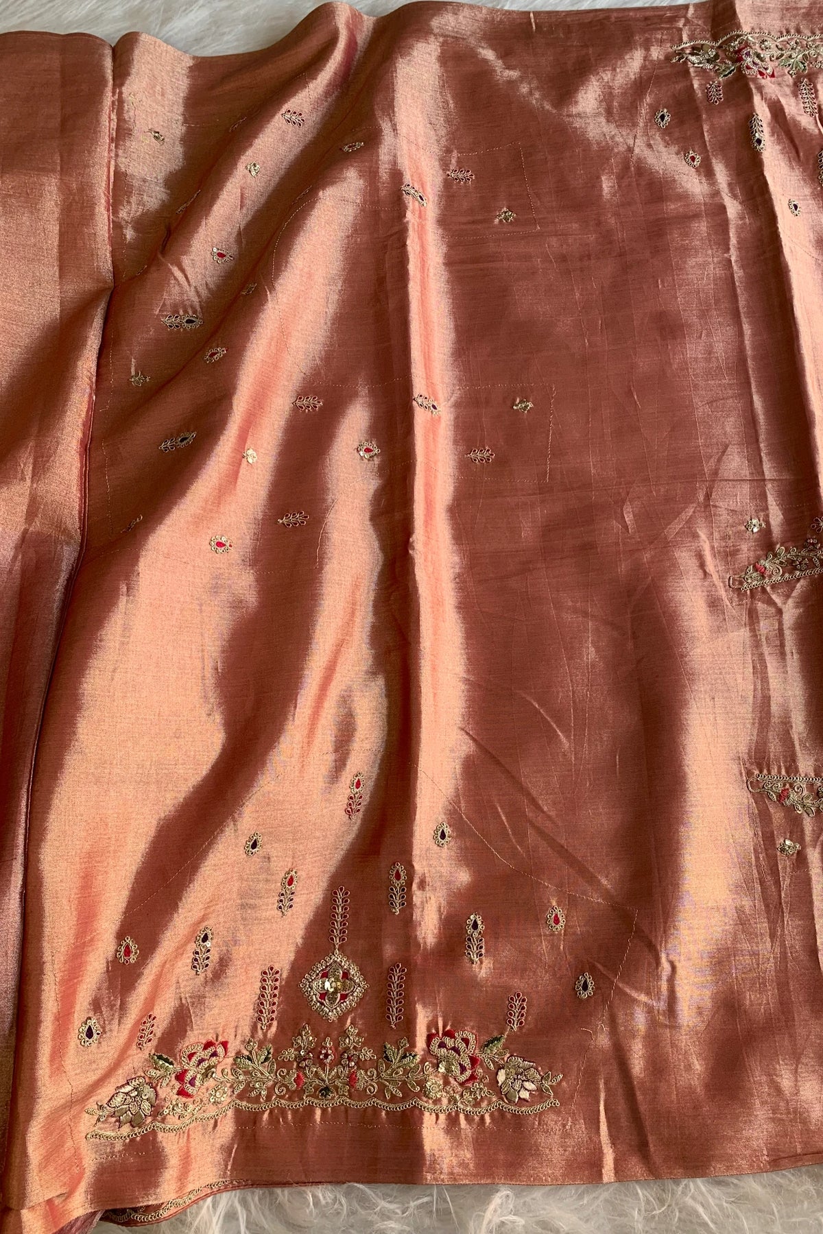 Peach Applique Embellished Tissue Saree 5729 01