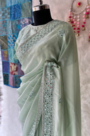 Sea Green mirror work Saree with stitched blouse 4496-06
