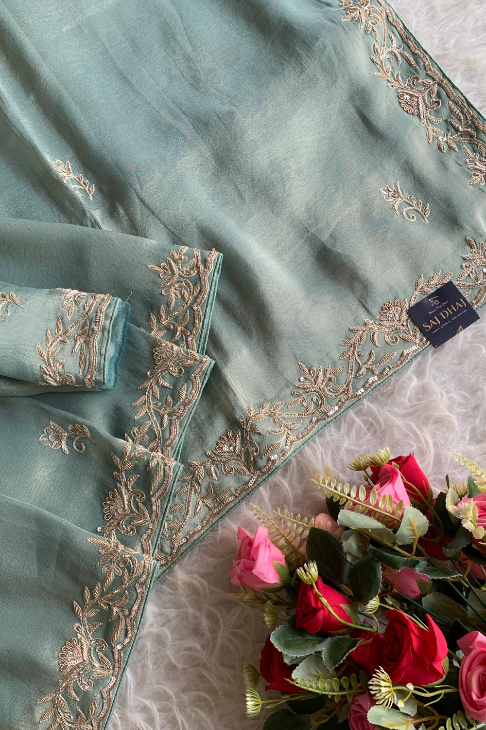 Sea Green Aari Embellished Tissue Saree 5792 02