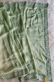 Sea Green mirror work Saree with stitched blouse 4496-06