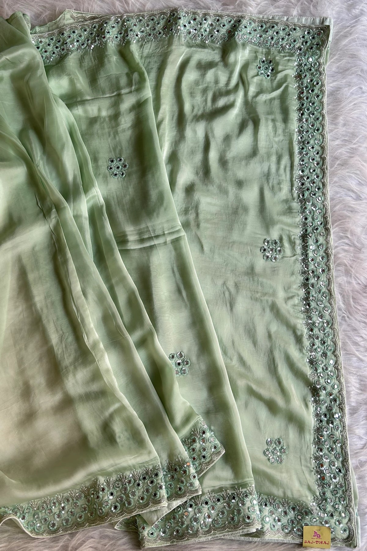 Sea Green mirror work Saree with stitched blouse 4496-06