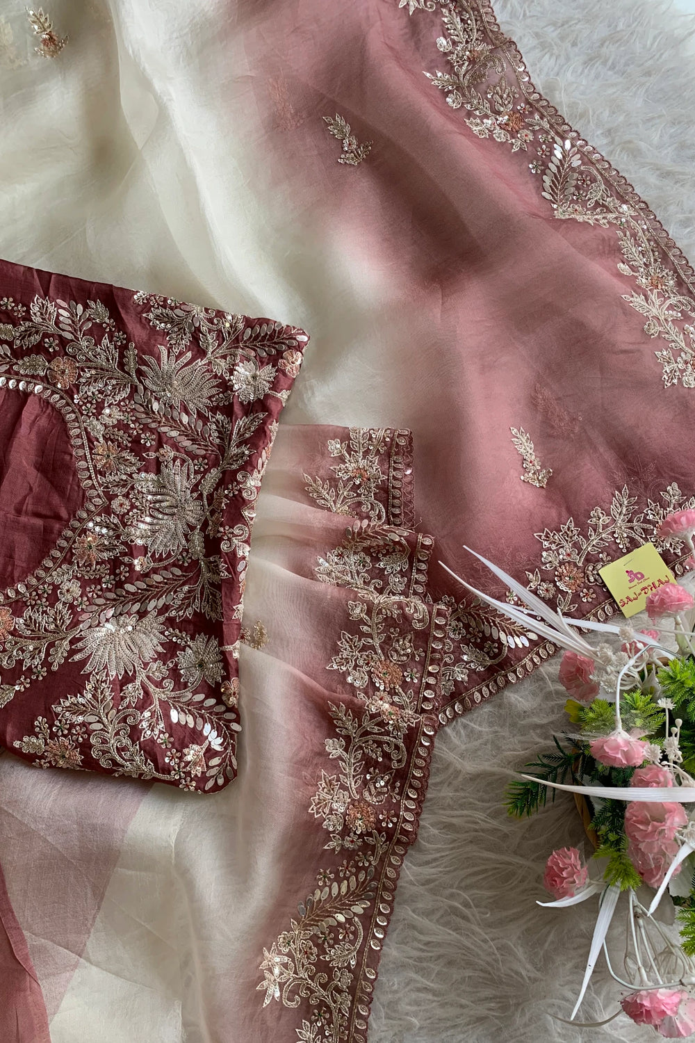 White & Brown Designer Organza Saree 5659 07