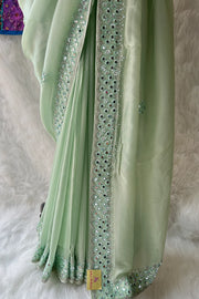 Sea Green mirror work Saree with stitched blouse 4496-06