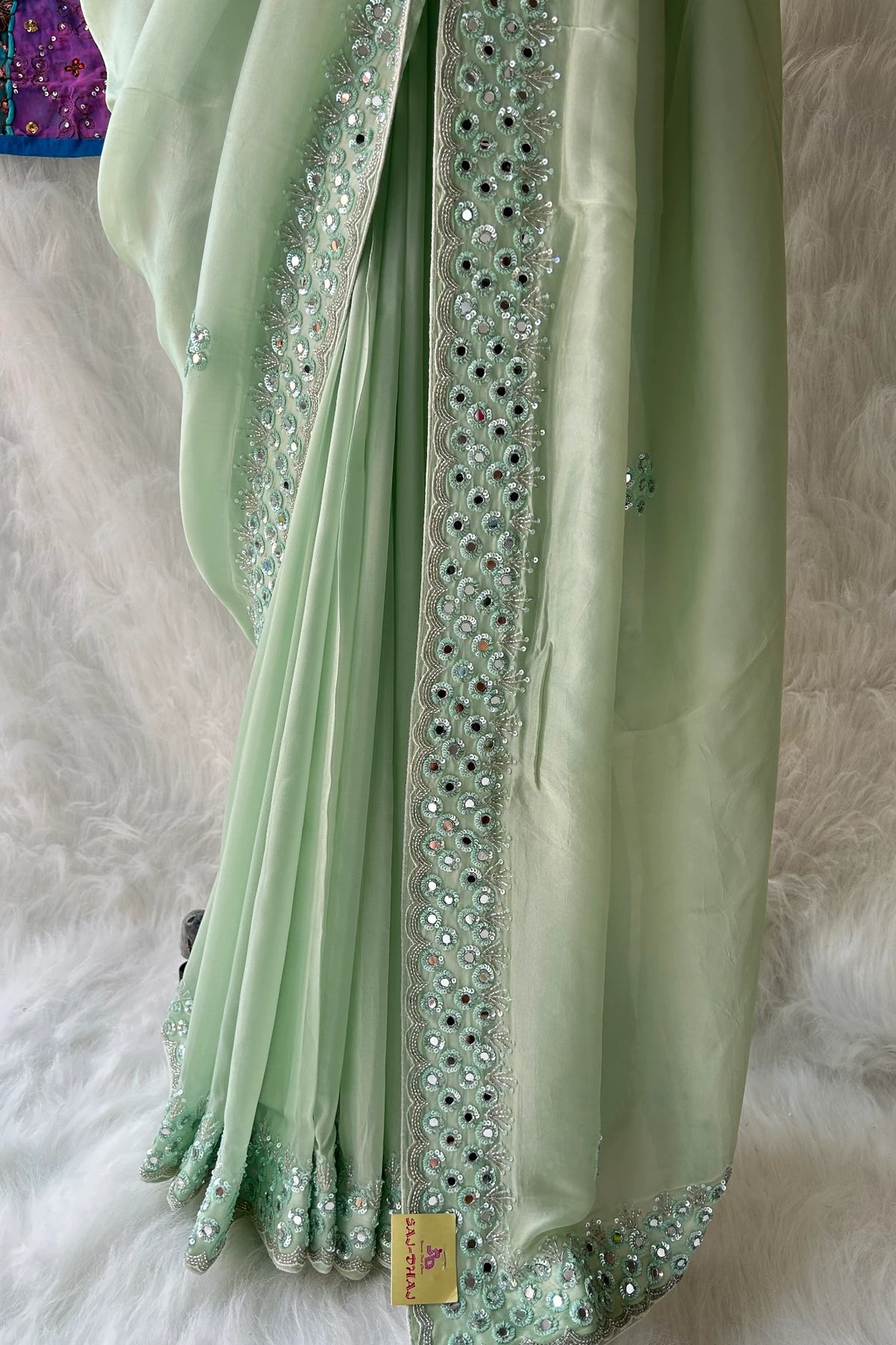 Sea Green mirror work Saree with stitched blouse 4496-06