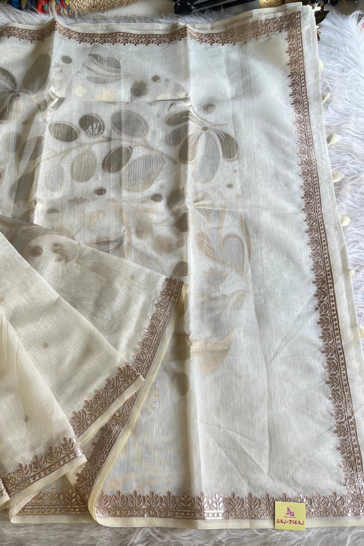 Off-White Khadi Cotton Saree with Gota Patti Embroidery 5470 03