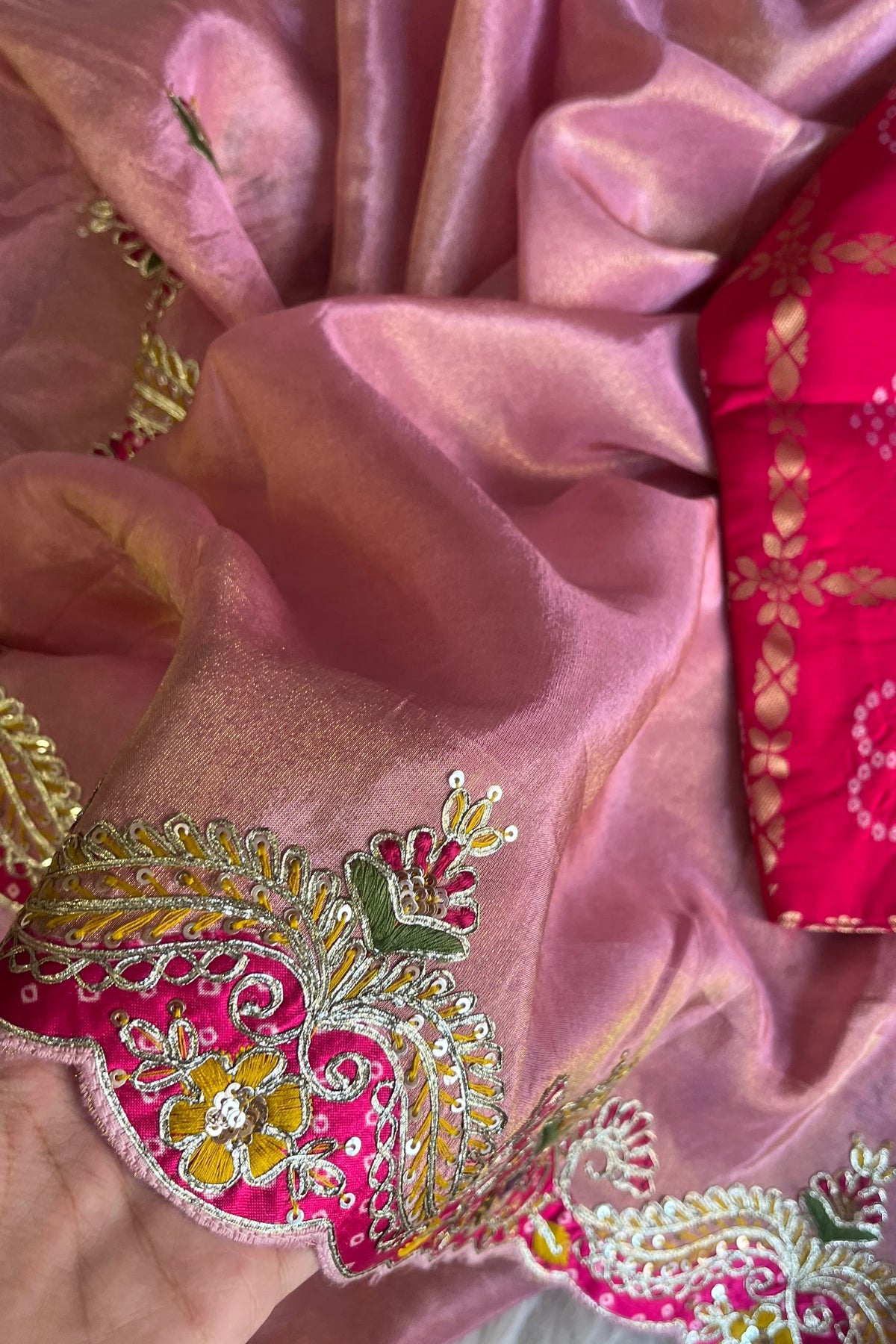 Blush Pink Tissue Saree with Bandhej Border Work 5772 12