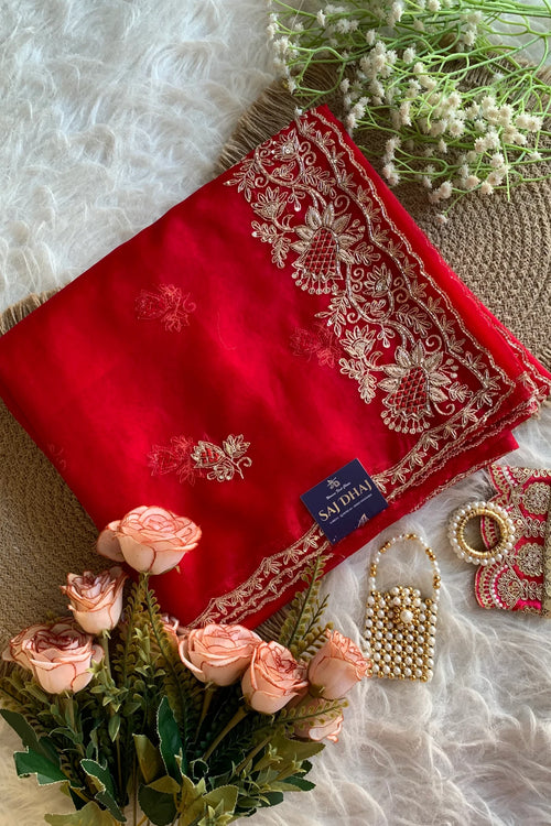 Red Soft Organza Saree 5850 02