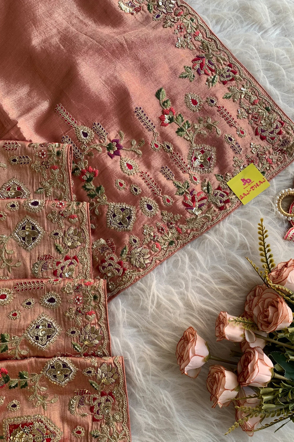 Peach Applique Embellished Tissue Saree 5729 01