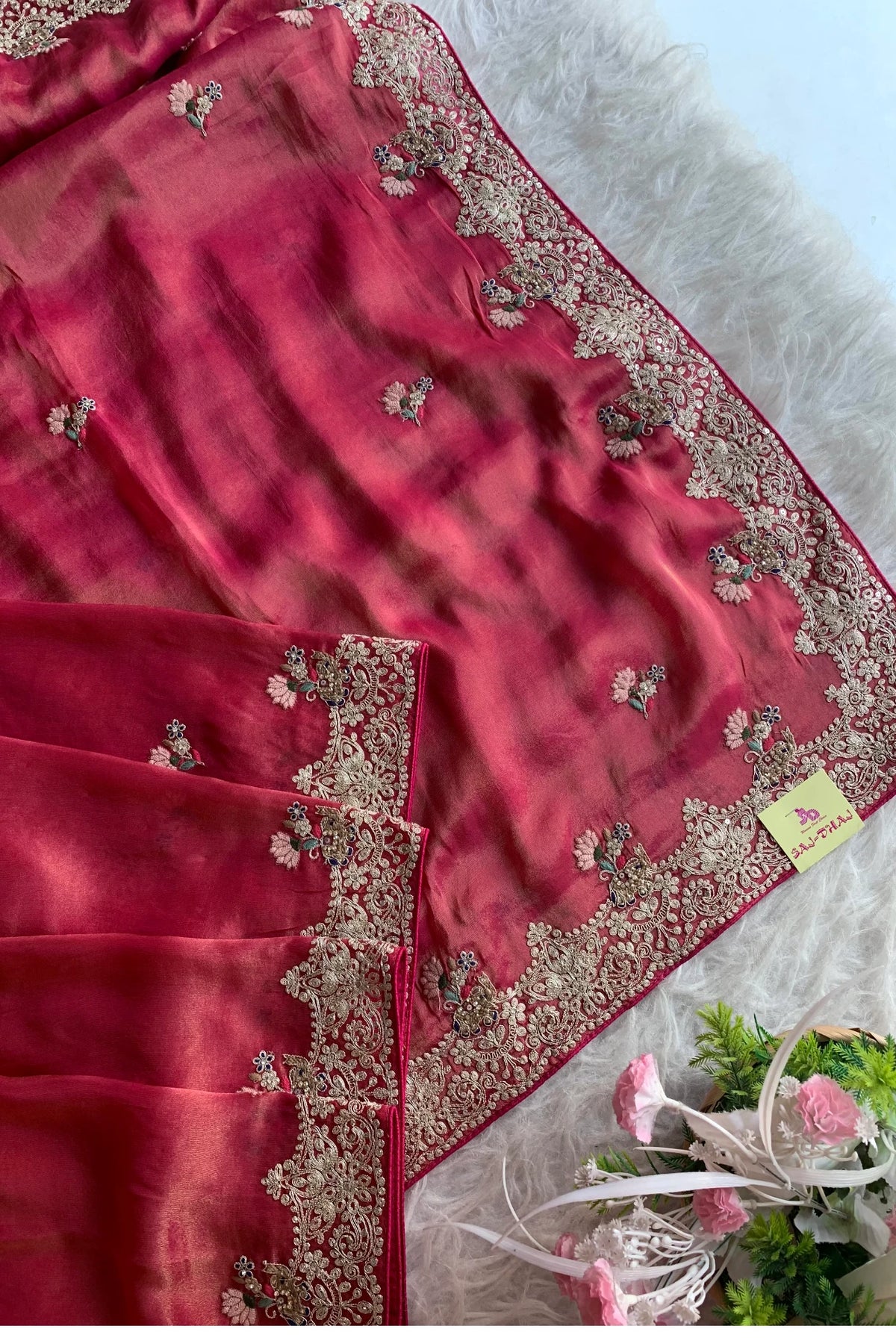 Red Pink Tissue Saree 5777 07