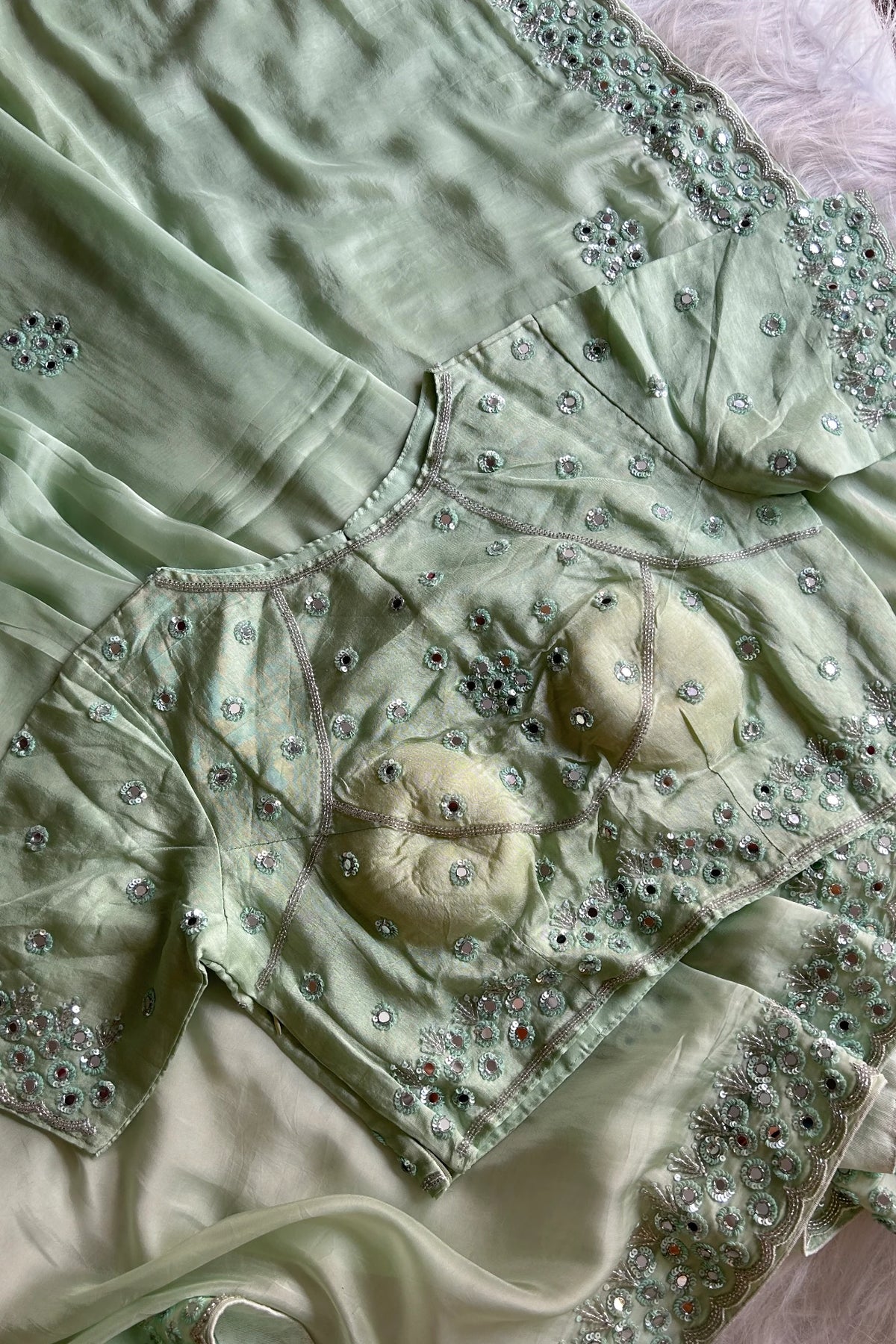 Sea Green mirror work Saree with stitched blouse 4496-06