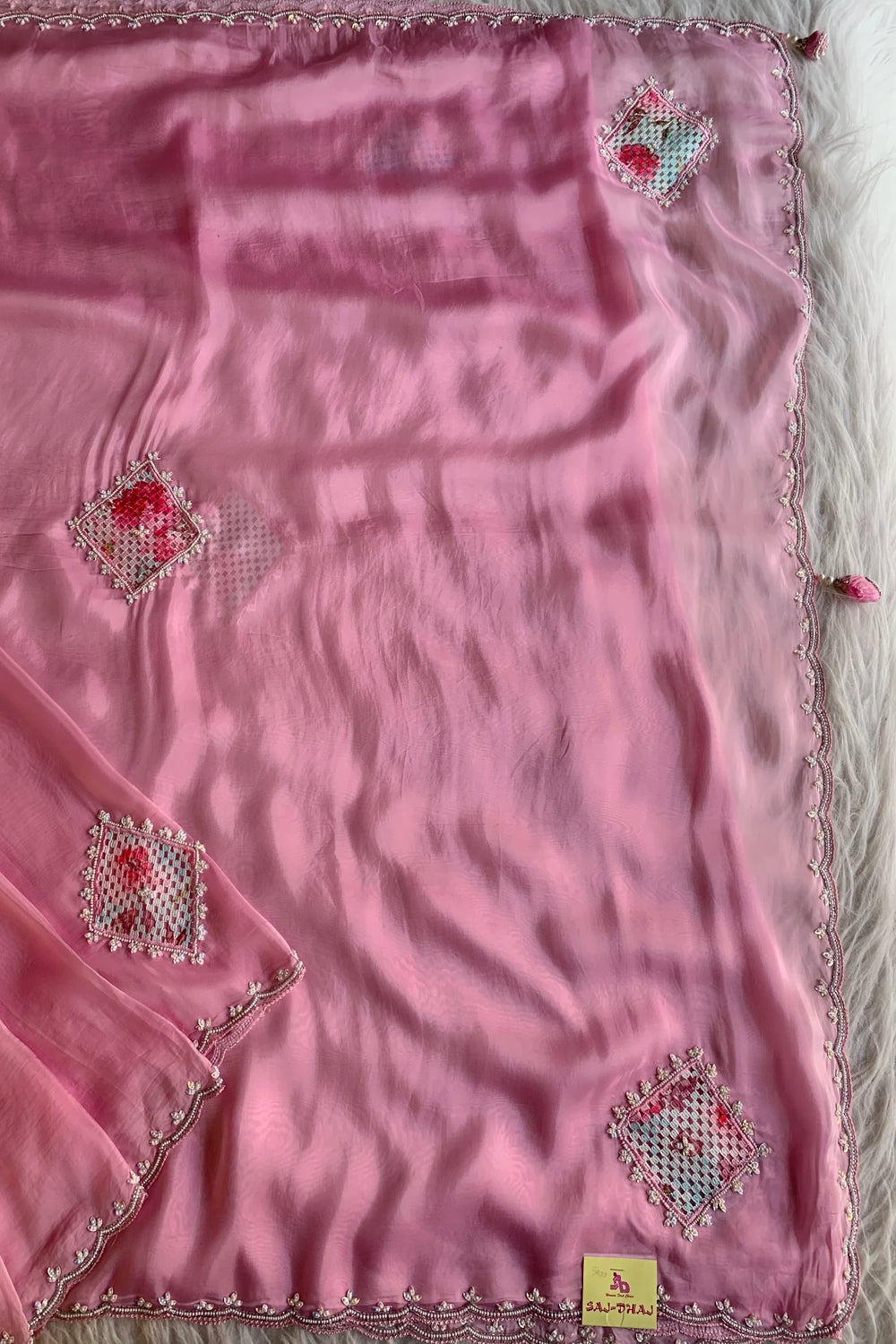 Baby Pink Crochet Designed Habutai Silk Saree 5367 01