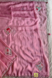 Baby Pink Crochet Designed Habutai Silk Saree 5367 01