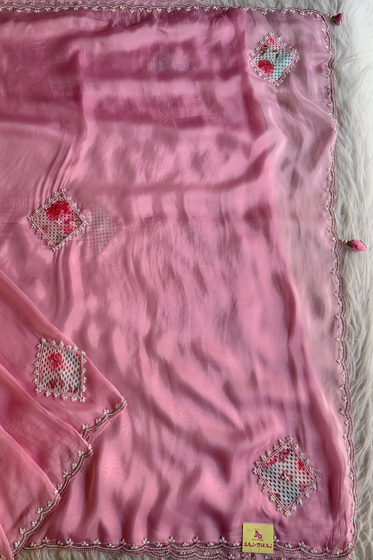 Baby Pink Crochet Designed Habutai Silk Saree 5367 01