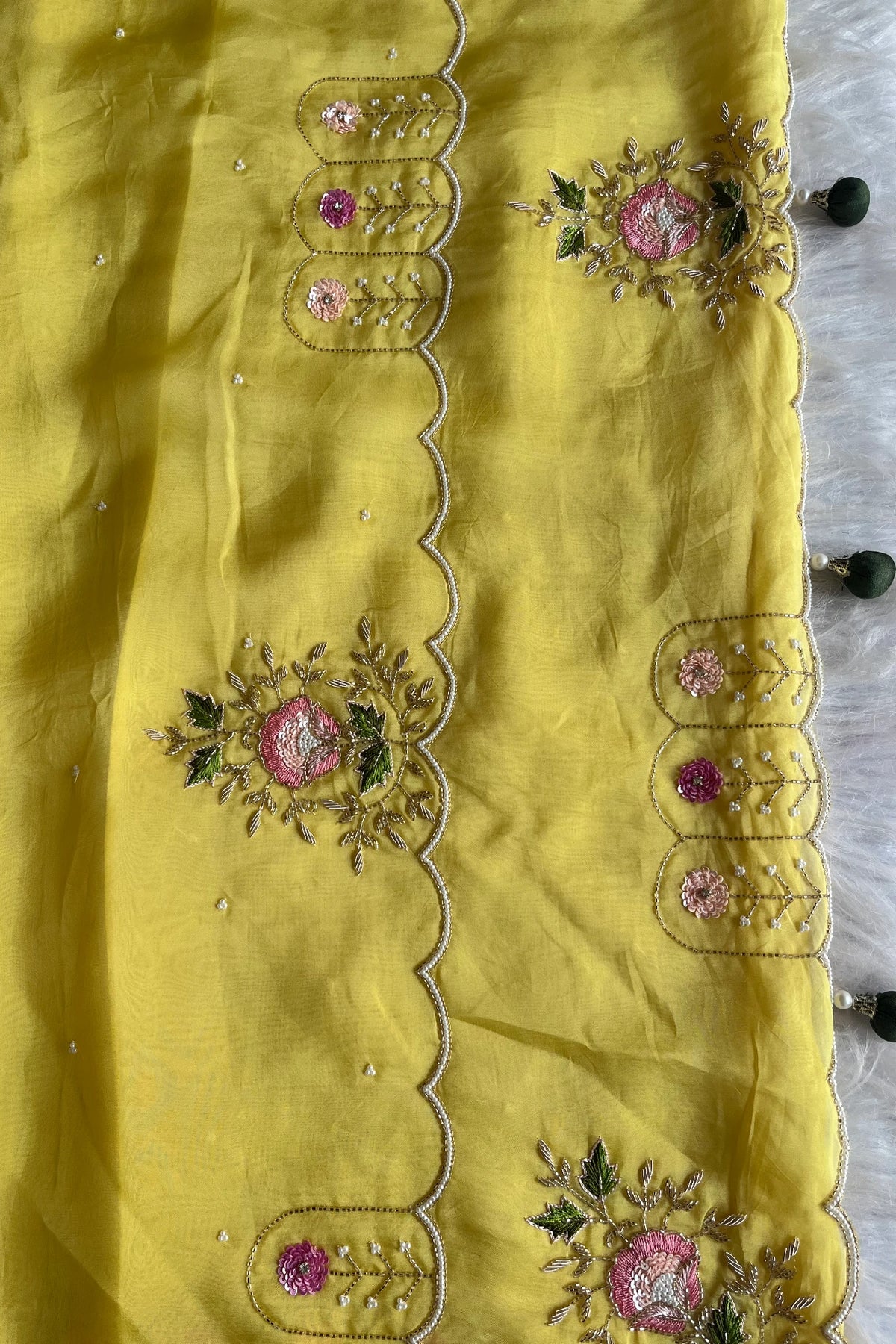Lemon Organza Saree with Cutdana & Zardosi Work- Pre Stitched Designer Blouse 5359 15