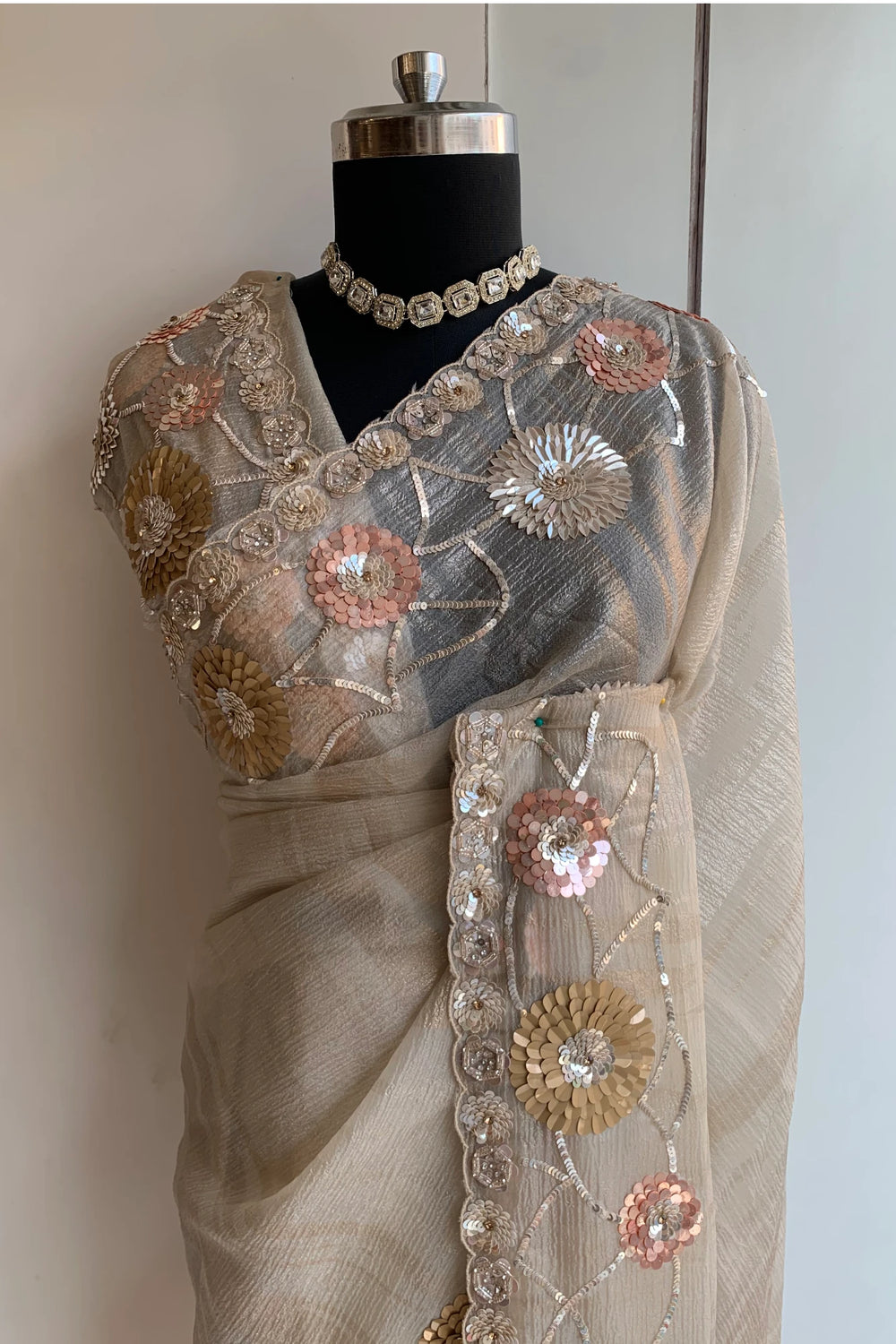 Beige Textured Organza Saree 5851 01